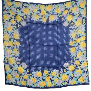 Vintage Silk Scarf Square Blue Yellow Floral Polka Dot 29"  Hand Rolled